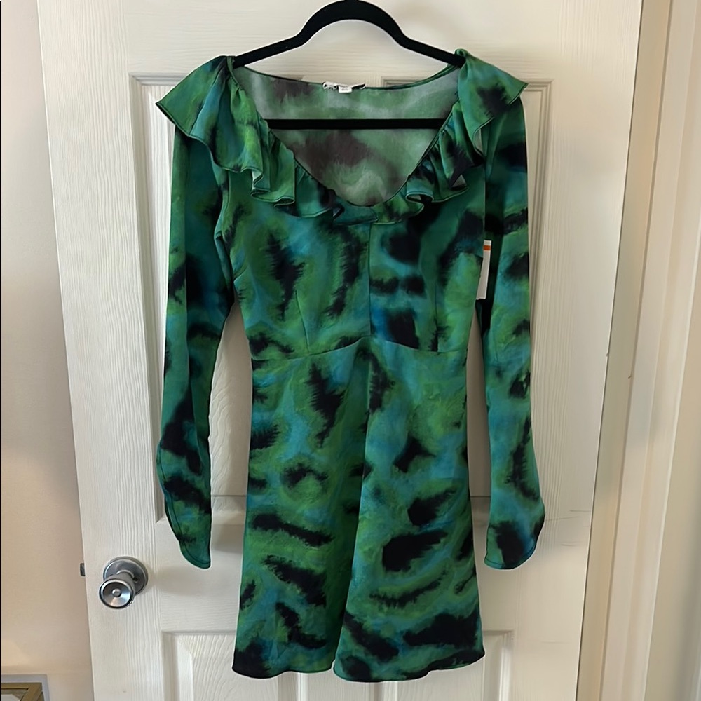 Topshop Green and Blue Bodycon Long Sleeve Bell Sleeve Dress